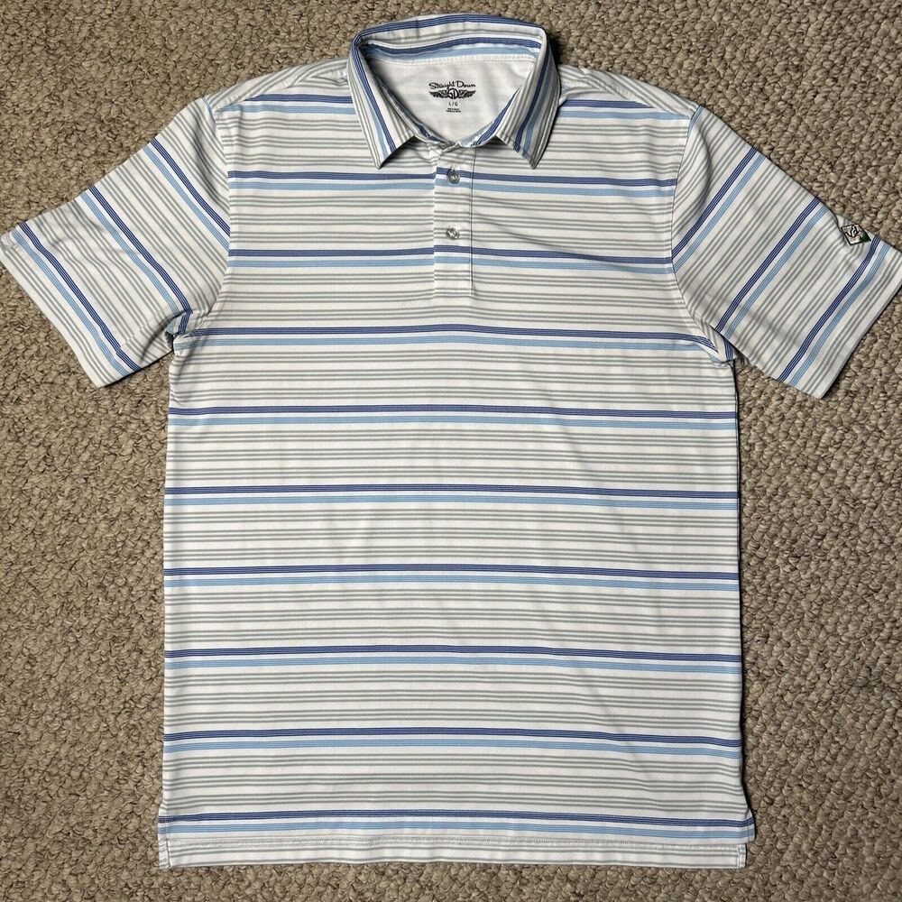Straight Down Golf Polo Shirt Men’s Large White Blue Stripes